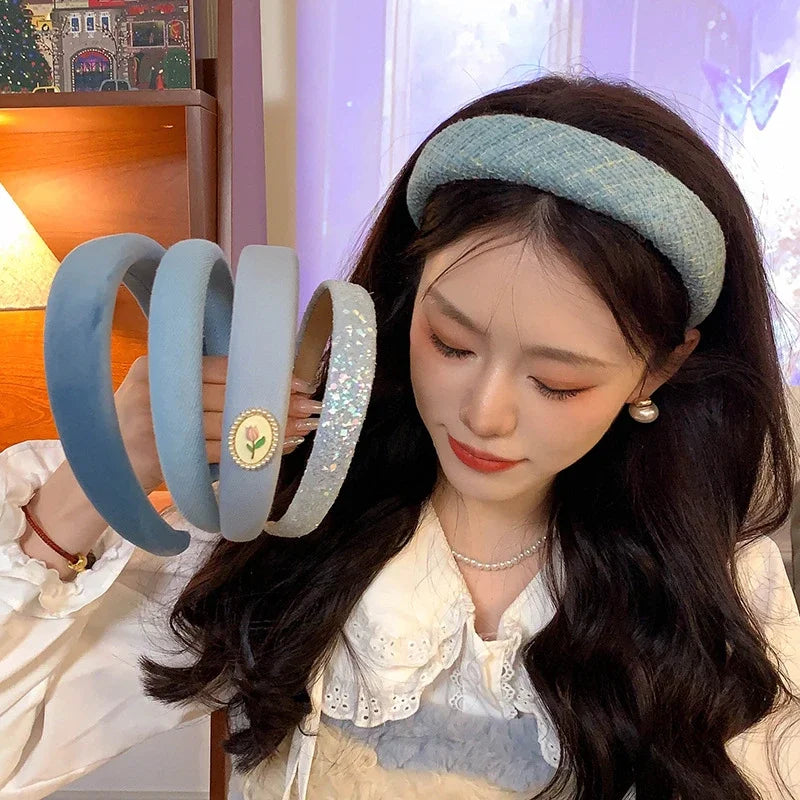 New Korean Style Sponge Headband for Women Elegant Gold Label Blue Wide Brimmed Hair Band Fashion Girl Face Wash Hair Hoop