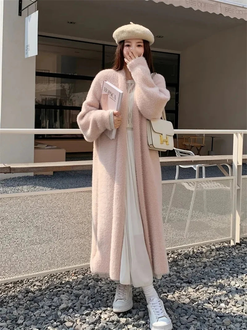 023 Autumn/Winter Lazy Style Loose Knee Length Thickened Pure Imitation Mink Fleece Knitted Sweater Cardigan Coat Women's Coat