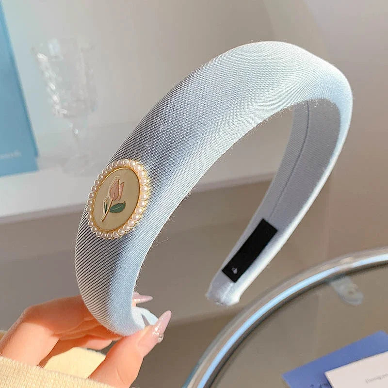 New Korean Style Sponge Headband for Women Elegant Gold Label Blue Wide Brimmed Hair Band Fashion Girl Face Wash Hair Hoop