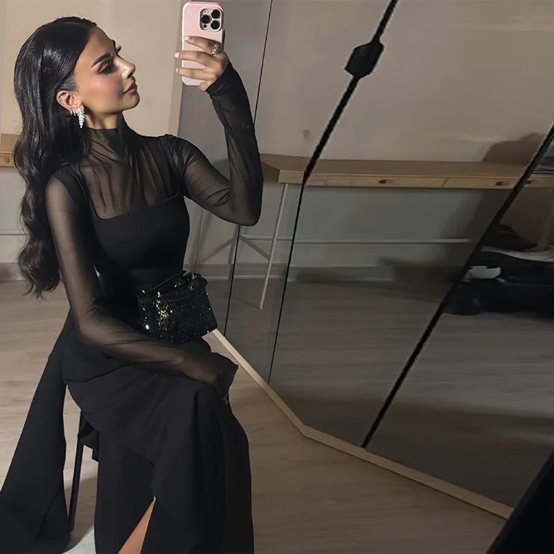 Women's Elegant Semi-high Neck Bodycon Maxi Dress Exquisite Mesh Insert Evening Party Gown 2026 Casual Contrast Sleeve Vistidos