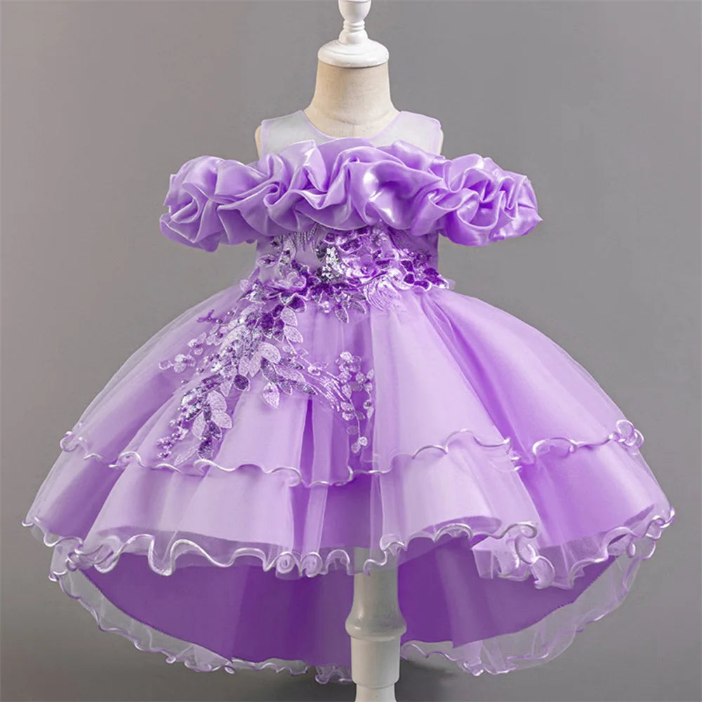 Fashion Pink Flower Girl Party Dresses Wedding Birthday Tulle Princess Dress for Kids Graduation Pageant Bridesmaid Kids Costume
