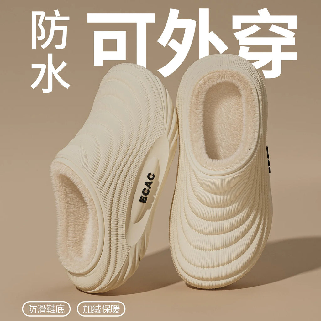Winter men women Slippers Indoor Leather House Waterproof Warm Home Fur Slipper Couple Shoes Plush Size outdoors Non slip Shoes