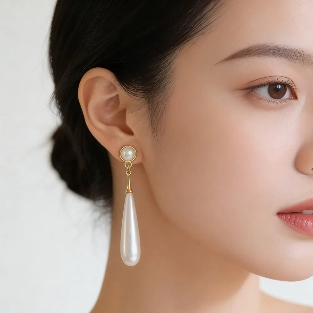 Women Water Drop Pearl Dangle Earrings Elegant Round Drop Earrings for Wedding Party Prom Daily Wear Jewelry