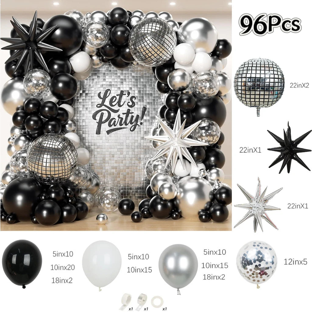 96Pcs Black and Silver White Balloon Garland Arch Kit with Stars and Disco Foil Balloons for Birthday Graduation Party Decor
