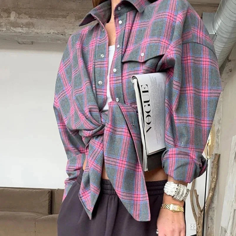 2026 Vintage Women Oversized Long Sleeve Plaid Shirt Button Down Blouse Tops Autumn Winter Loose Lapel Pocket Shirt Korean Style