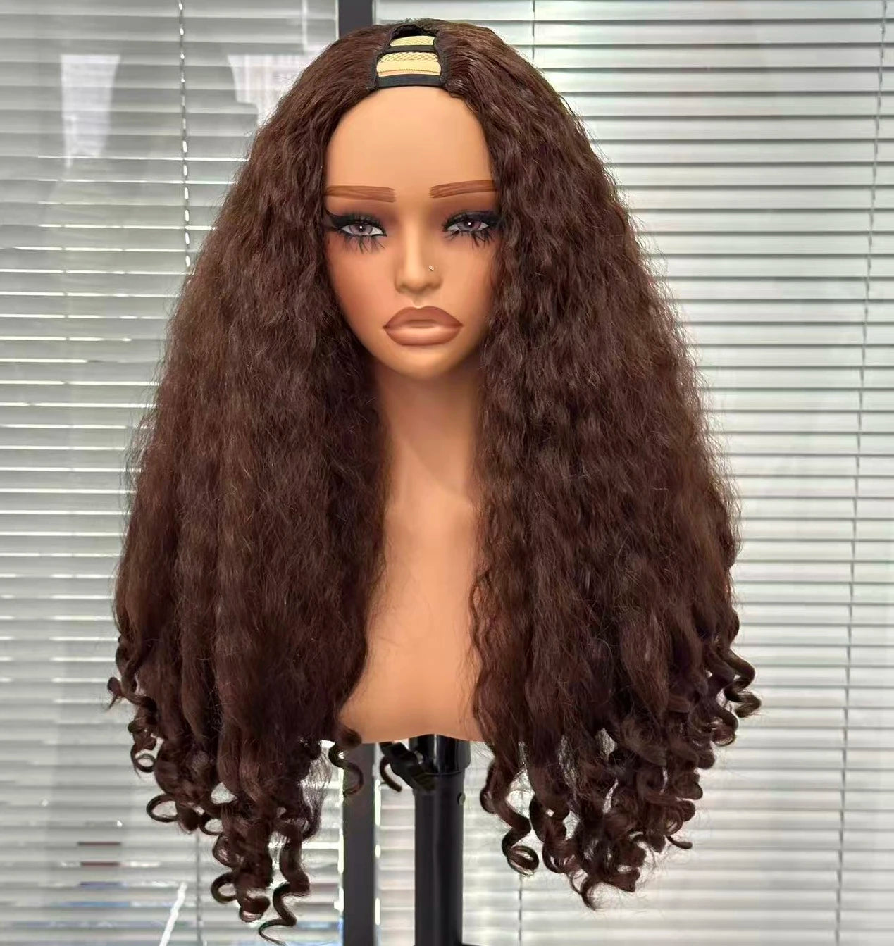 Afro Curly Yaki Wigs for Black WomenHeadband Kinky Straight Full Machine Synthetic Wigs Yaki Straight Glueless Clip in Vpart Wig