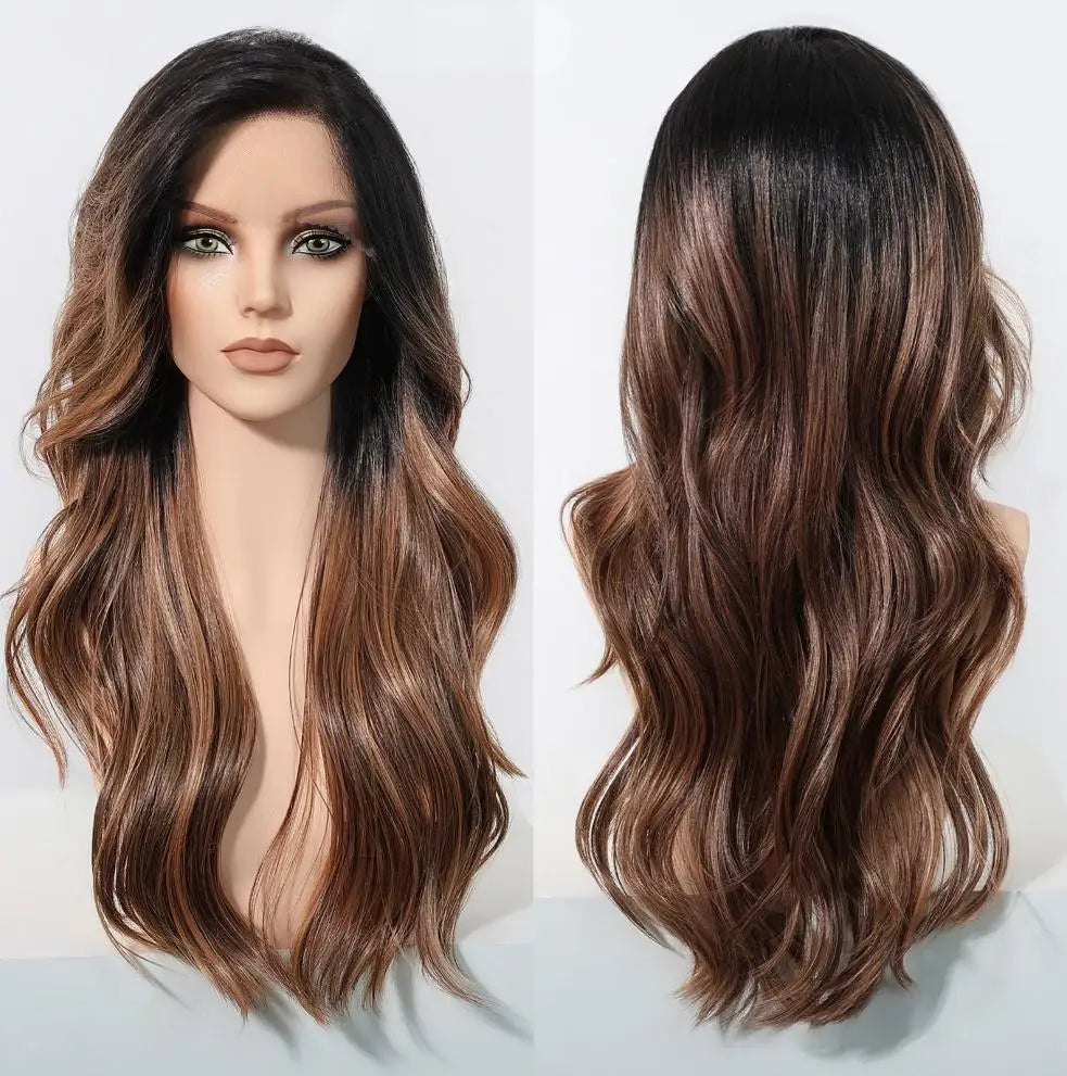 HENRY MARGU Brown Blonde Highlight Synthetic Wigs 13*6 Lace Front Long Wavy Fake Hair for Women Realistic Natural Wig Daily Use