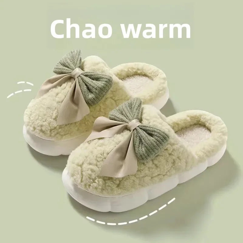 Winter Warm Fur Slippers for Women Cute bow House Non Slip Soft Shoes Comfort Flat Heel Home Indoor Bedroom Plush Slippers