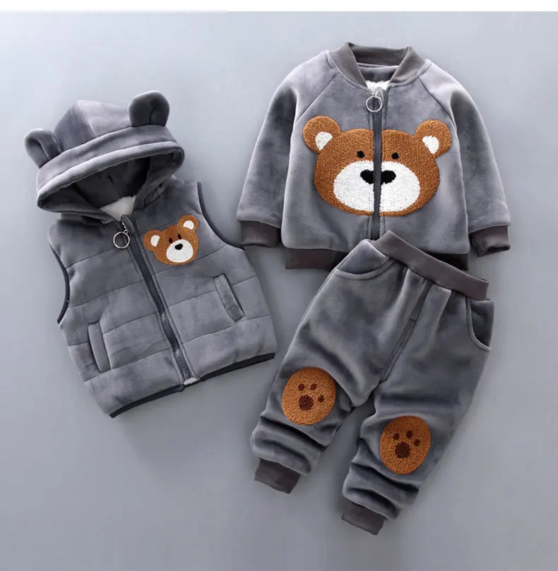 2026 New Baby Boys Girls Christmas Cartoon Winter Hooded Plush Warm Vest Coat+Sweatshirt+Pants 3Pcs Infant Children Sports Suit