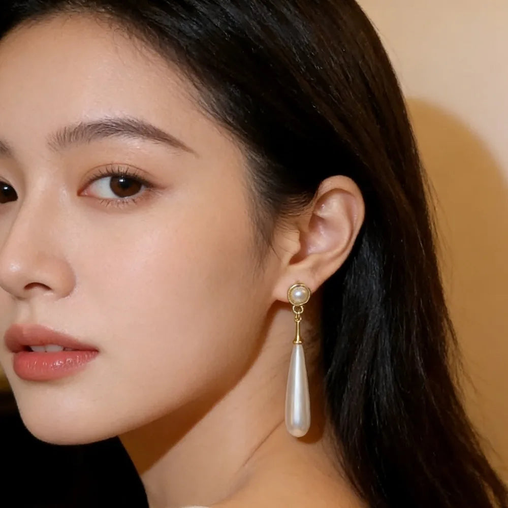 Women Water Drop Pearl Dangle Earrings Elegant Round Drop Earrings for Wedding Party Prom Daily Wear Jewelry