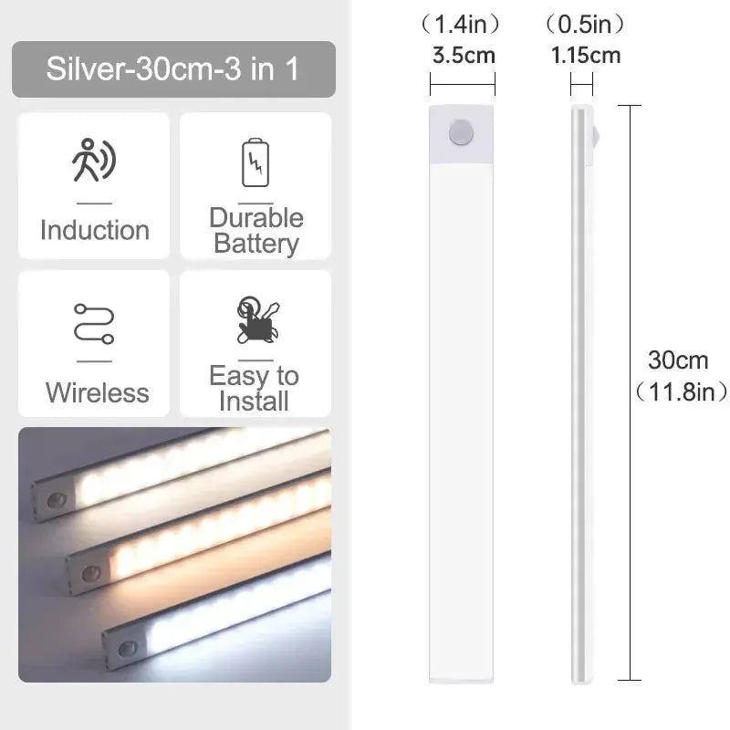 10-60cm Ultra-Thin Motion Sensor Light Magnetic Mount USB Rechargeable 3-Color Adjustment Under Cabinet Light for Home Office