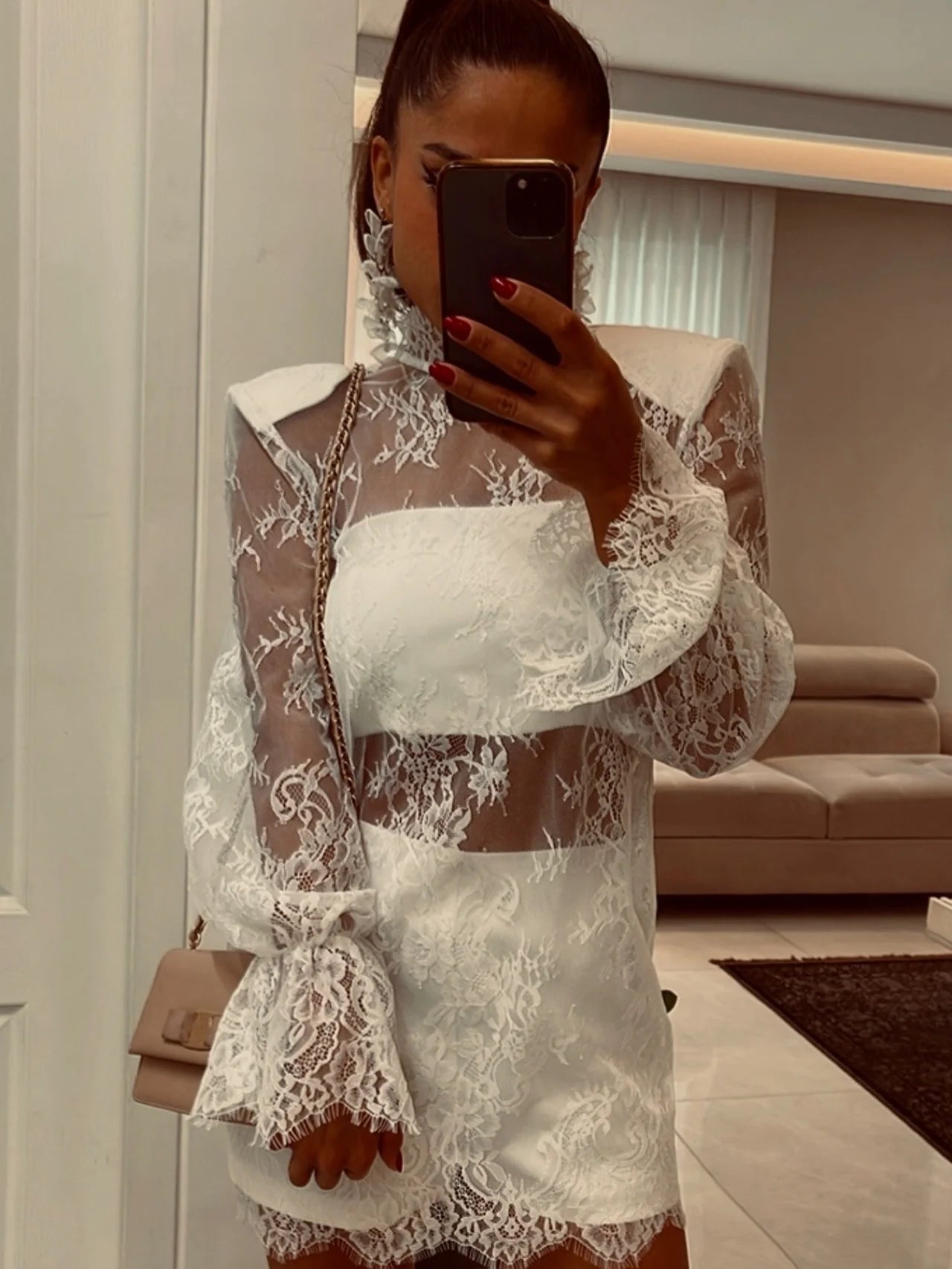 Chic Black Lace See Through Top Lady Fashion Half-high Collar Full Sleeve Cropped Blouse 2026 Spring Women Party Street Outwear