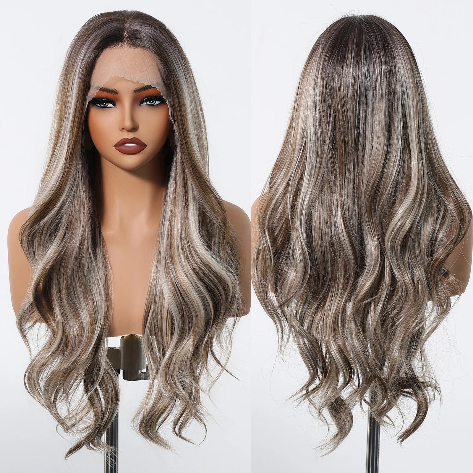 Gray White Highlight Synthetic Wigs 13*6 Transparent Swiss Lace Frontal Wigs Body Wave Long Curly Wigs for Women Elder Mommy Wig