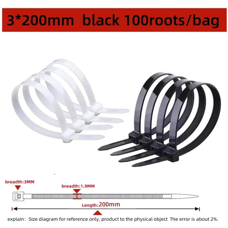 100PCS Plastic Nylon Cable Ties Self-locking Cord Ties Straps Adjustable Cables Fastening Loop Home Office Wire Zip Ties
