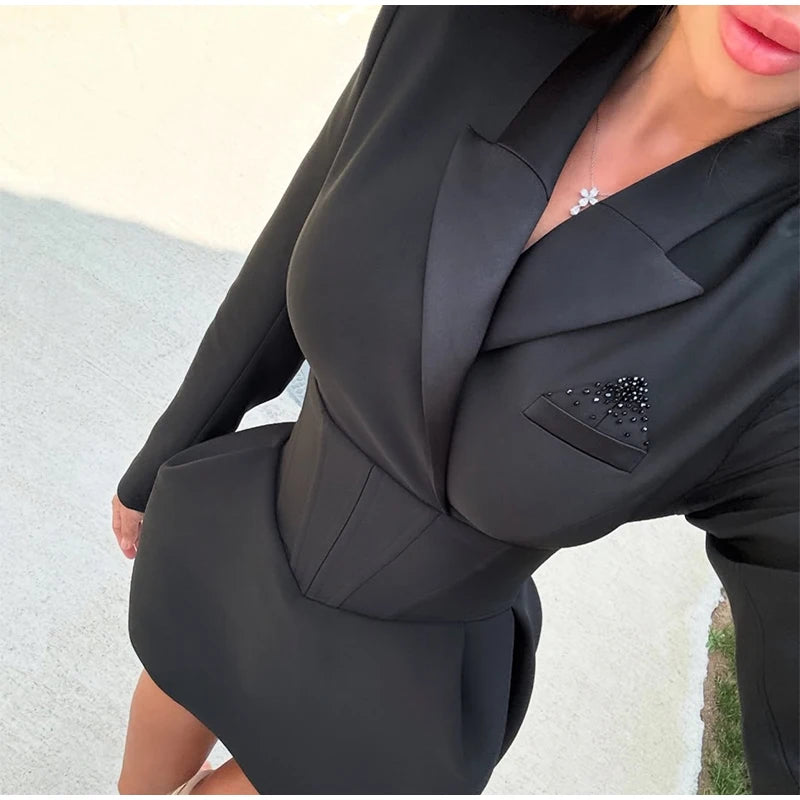 Black Cinched Waist A-line Dress Women Elegant V-neck Shoulder Pads Long Sleeve Mini Dresses 2026 Lady Chic Party Evening Gown
