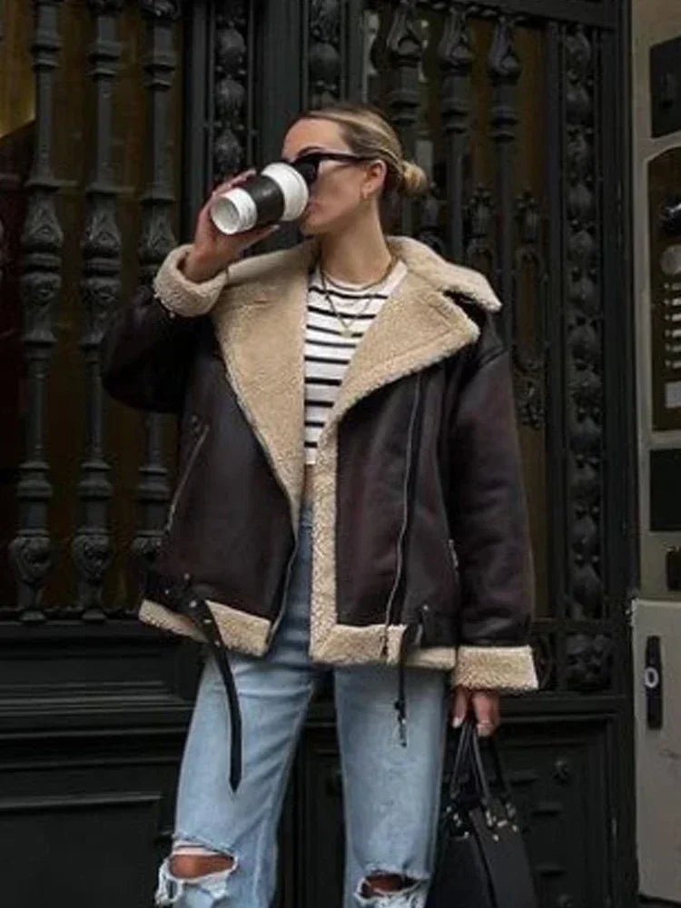 Suninheart Winter New Coats and Jackets Warm Faux Leather Jacket Thick Oversize Outerwear Long Sleeve Luxury Women's Jacket 2026