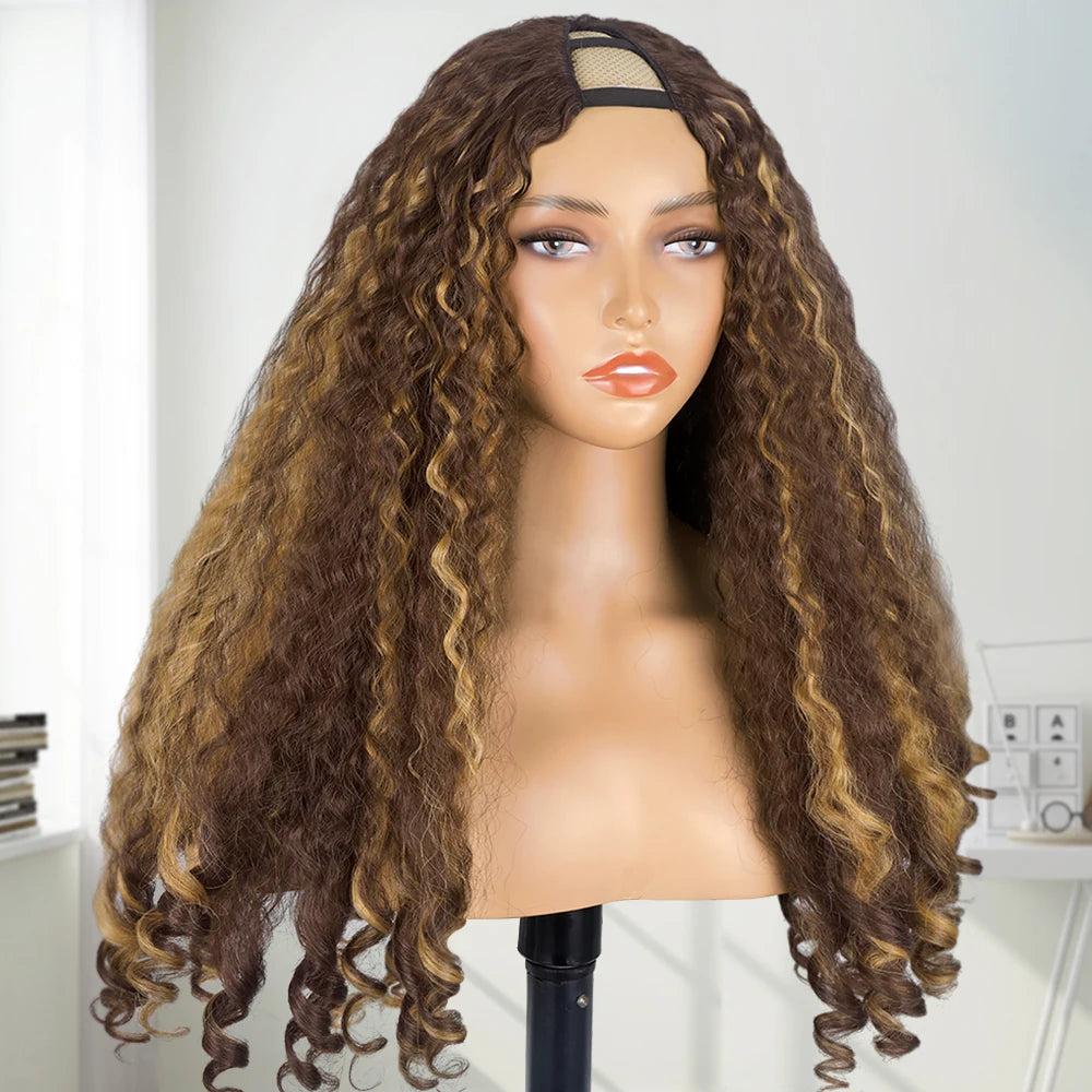 Afro Curly Yaki Wigs for Black WomenHeadband Kinky Straight Full Machine Synthetic Wigs Yaki Straight Glueless Clip in Vpart Wig