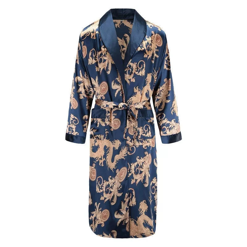 Luxury Men's Silky Kimono Robe Loose Home Clothes Female Dragon Printing Dressing Gown Male Sleepwear Loose Loungewear Pjs
