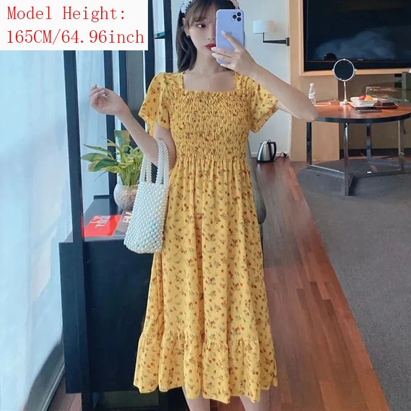 2026 New Spring Summer Dress Women Mini Dresses Female Short Sleeve Elastic Bust Printed Floral Pleated Backless Casual Dress