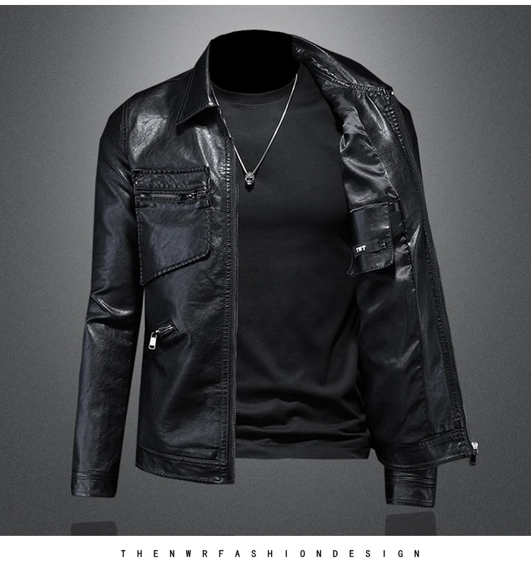 2024 Autumn and Winter New Men's Fashion Handsome Trend Business Leisure Lapel Motorcycle Leather Coat Slim Stylish Man  M-4XL
