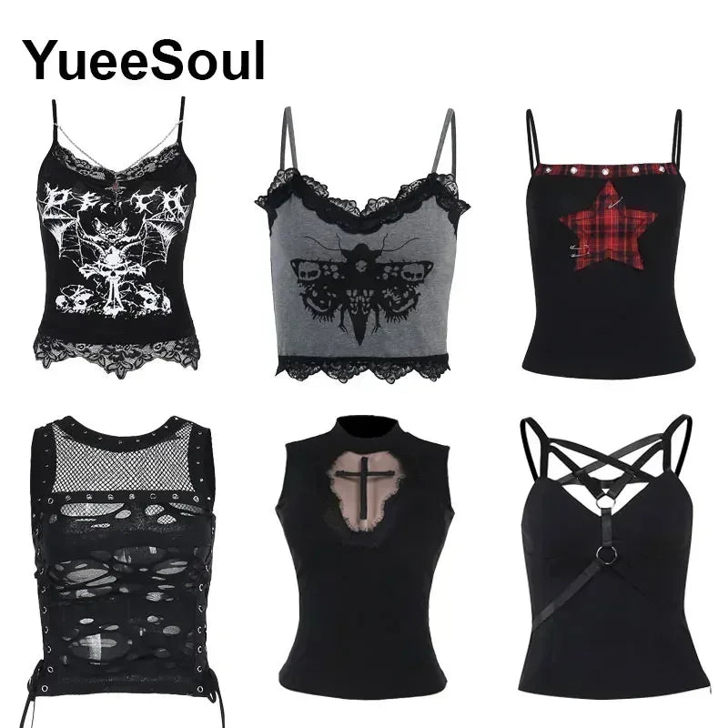 Gothic Crop Tops Black Spaghetti Strap Mesh Slim Corset Tops 2026 New Goth Punk Grunge Fairy Core Sexy Y2K Halloween Clothing