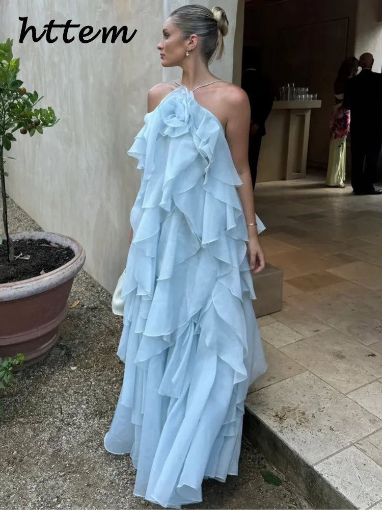 Sexy Cascading Ruffles Long Party Dress Women Halter Backless Sleeveless Blue Lace Up Dresses 2026 Summer Lady Chic Evening Gown