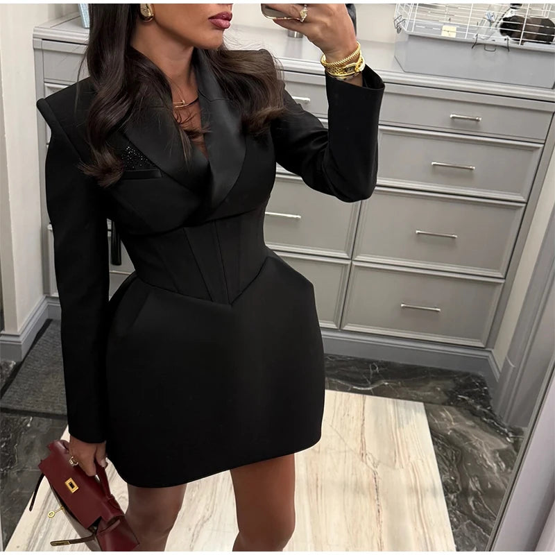 Black Cinched Waist A-line Dress Women Elegant V-neck Shoulder Pads Long Sleeve Mini Dresses 2026 Lady Chic Party Evening Gown