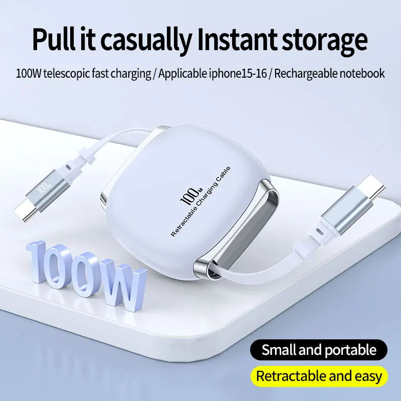 PD100W Fast Charging Retractable Cable For iPhone 16 15pro Xiaomi 15 14 Type C USBC Fast Charging Car Kit Portable Charge Cable