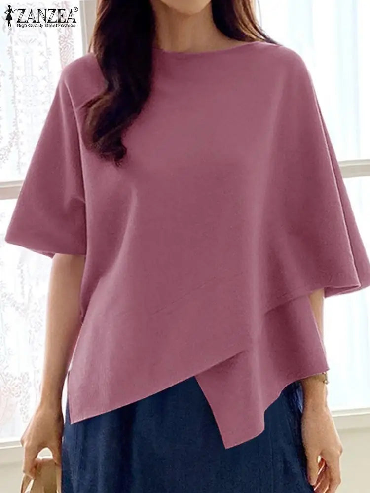 ZANZEA Women Fashion Blouse Chic 3/4 Sleeve Ruffle Hem Top Shirt 2026 Summer Round Neck Loose Blusa Elegant Irregular Work Tunic