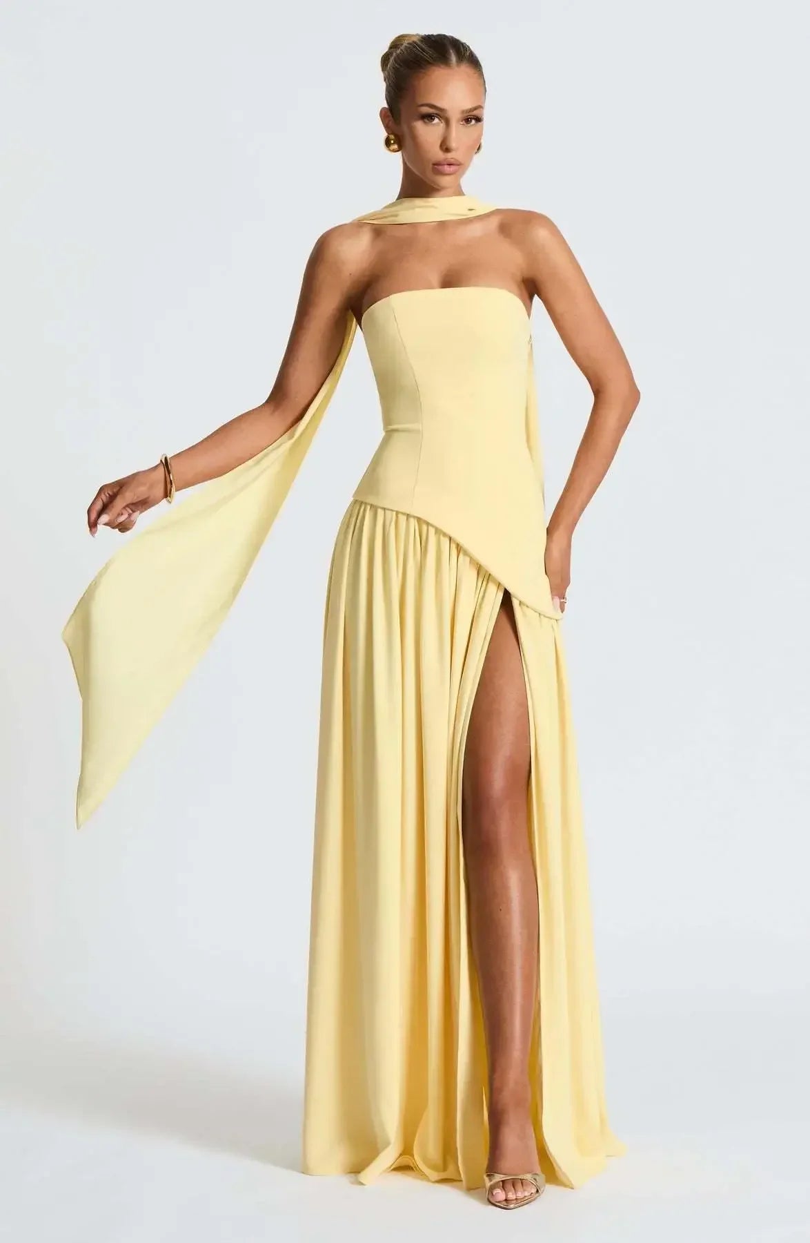 Butter Yellow Mesh Splicing Long Dress Elegant Strapless Split Backless Pleated Gowns For Women 2026 Lady Evening Party Gowns