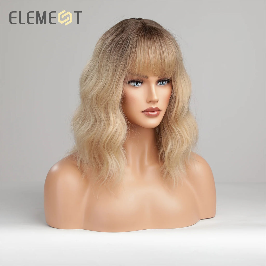 ELEMENT 16 Inch Ombre Golden Blonde Loose Curly Hair Wig with Bangs Lolita Cosplay Party Daily Wigs for Women