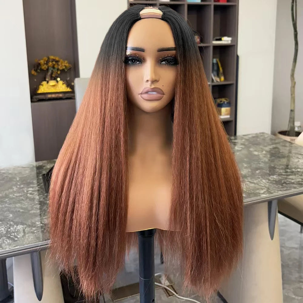 Afro Curly Yaki Wigs for Black WomenHeadband Kinky Straight Full Machine Synthetic Wigs Yaki Straight Glueless Clip in Vpart Wig