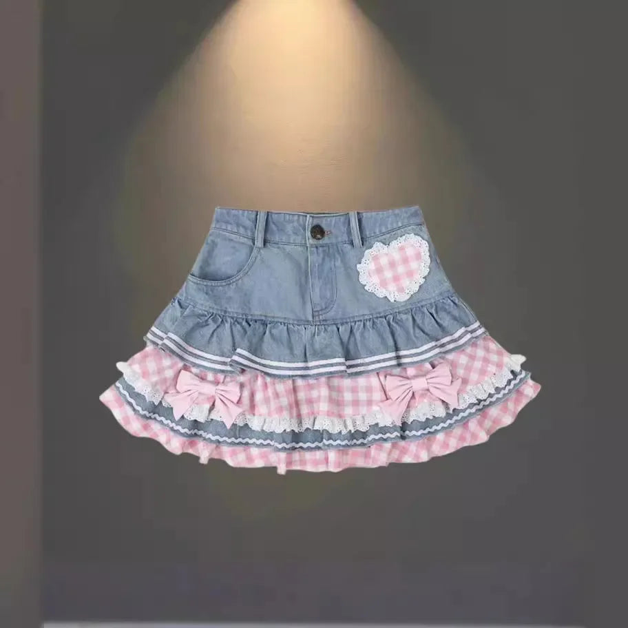 Cowboy Patchwork Mini Skirt Women 2025 New Style Summer  Sexy Pleated Denim Skirts