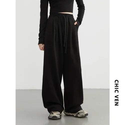 CHIC VEN Women's Pant Streetwear Solid Loose New Drawstring Sports Casual Trousers High Waisted Pants Autumn Winter 2026