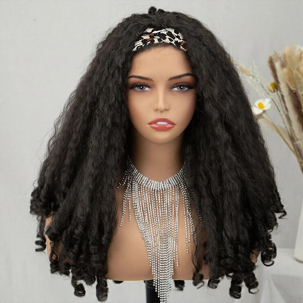 Afro Curly Yaki Wigs for Black WomenHeadband Kinky Straight Full Machine Synthetic Wigs Yaki Straight Glueless Clip in Vpart Wig