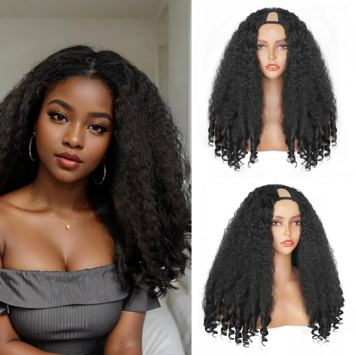 Afro Curly Yaki Wigs for Black WomenHeadband Kinky Straight Full Machine Synthetic Wigs Yaki Straight Glueless Clip in Vpart Wig