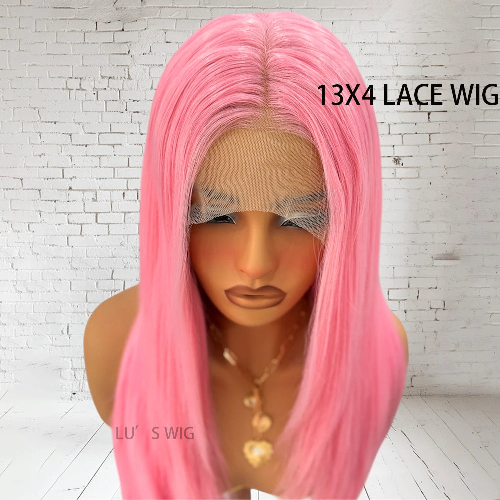 Pink Wig Long Layered Wig Synthetic Hair Long Natural Straight Layered Lace Wigs for Women Synthetic Frontal Lace Wig Daily Wear