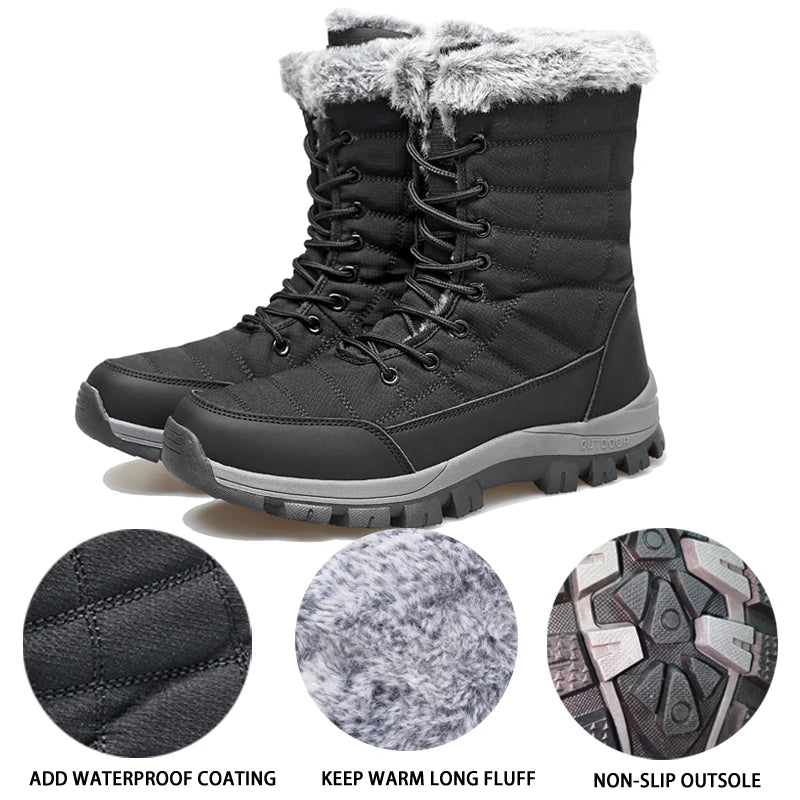 Winter Men's Snow Boots Warm Plush Anti slip Outdoor Hiking Boots Women's Mid length Boots Couple Sports Shoes Boots Size 36-48