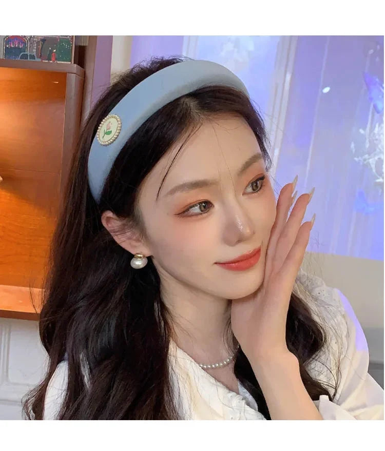 New Korean Style Sponge Headband for Women Elegant Gold Label Blue Wide Brimmed Hair Band Fashion Girl Face Wash Hair Hoop