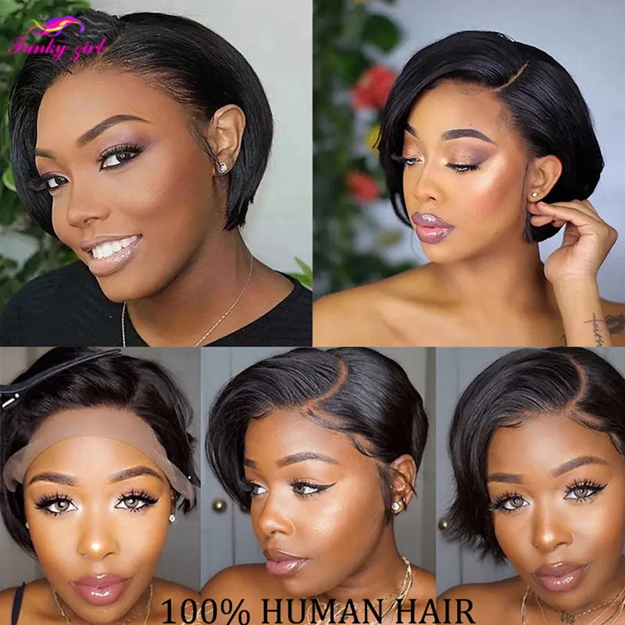 Pixie Cut Wig Transparent Lace Human Hair Wigs For Women Straight Short Bob Wig 13x5x1 T Lace Wig Pre-pluck Brazilian Remy  Hair