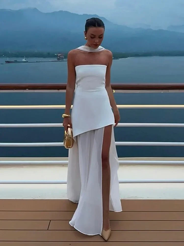 Butter Yellow Mesh Splicing Long Dress Elegant Strapless Split Backless Pleated Gowns For Women 2026 Lady Evening Party Gowns
