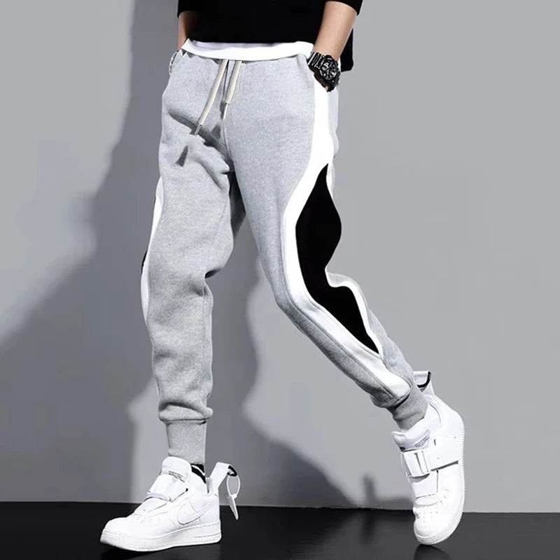 Autumn Men's Wide Loose Casual Pants Mens Patchwork Nine-point Sports  Elastic Rope Breathable Tie-foot Trousers