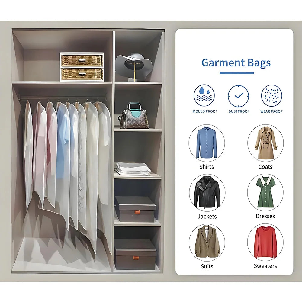 Clear Garment Suit Dress Cover Bag for Closet Storage Dust Coat Cover Gown Bags Shirt Protector with Zipper for Hanging Clothes
