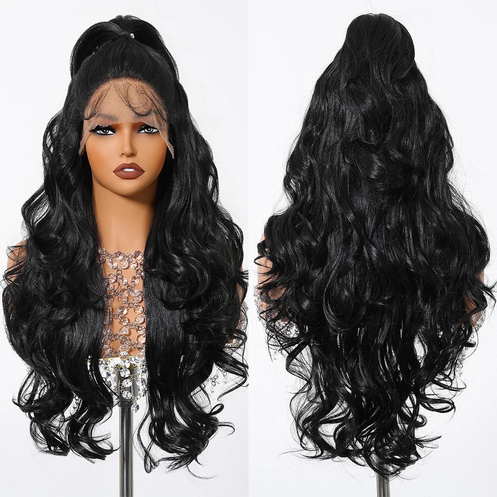 Gray White Highlight Synthetic Wigs 13*6 Transparent Swiss Lace Frontal Wigs Body Wave Long Curly Wigs for Women Elder Mommy Wig
