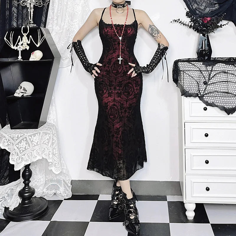 Gothic Sexy Long Fishtail Dress for Women Robe New Spaghetti Strap Sleeveless Backless Ruched  Vintage  Maxi Dress Vestidos