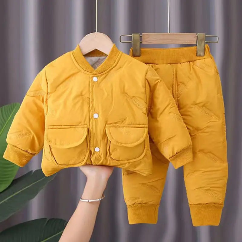 Children's Winter Padded Clothes Suit Boys Girls hooded Thickened Cotton Quilted Trousers0-5T Baby Home Service 2-Piece Set