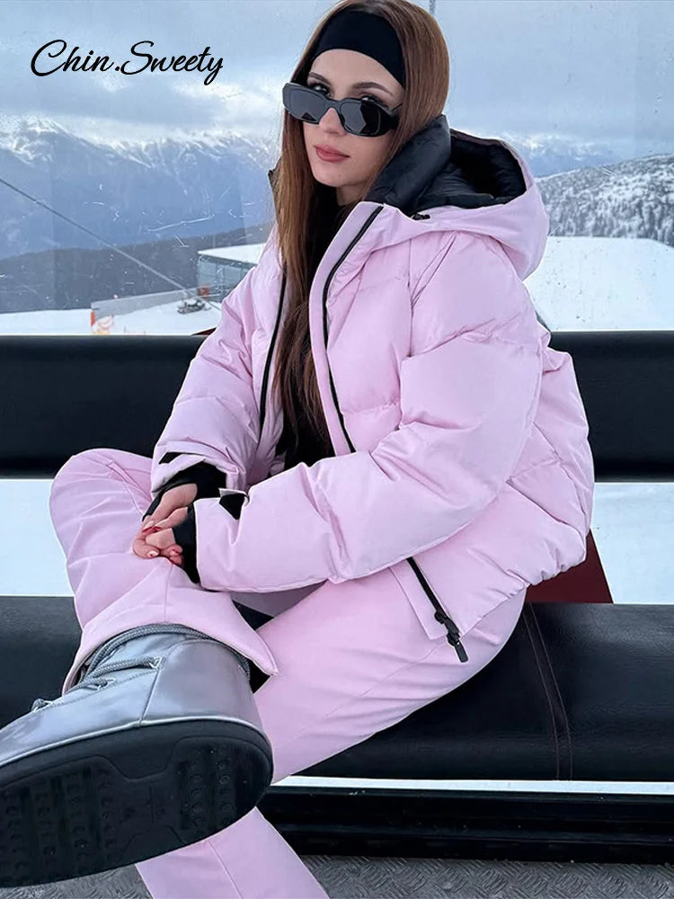 Fashion Pink Ski Suit Set Women Winter Hooded Zipper Pockets Padded Jacket Pants Suit Lady New Casual Holiday Warm Outwear 2026