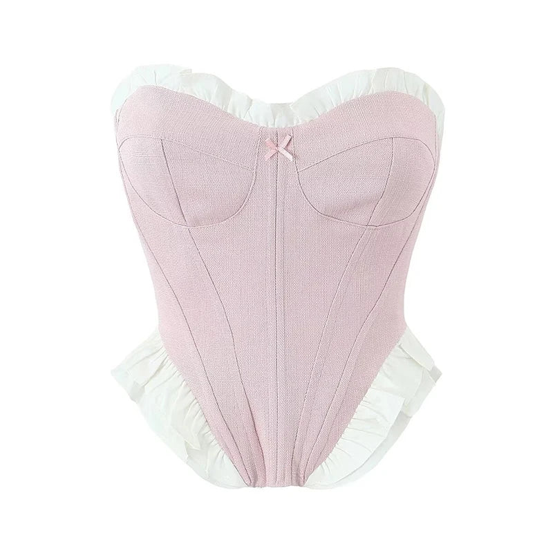 YENKYE Sexy Women Sweet Patchwork Fish Bone Slim Fit Strapless Top Chic Party Summer Crop Top