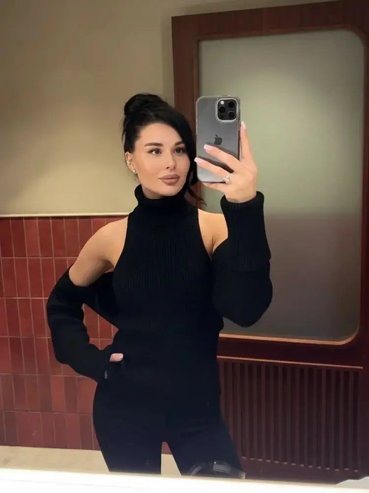 Women's Grey Turtleneck Backless Knitted Sweater Sleeveless Vest Pulls Tops Winter Spring Clothing Pink Blue Black Brown White