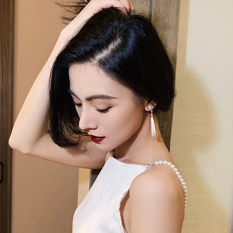 French Elegant Temperament Imitation Pearl Drop Shaped Long Earrings Party Premium Accessories for Womens Fashion Luxury Jewelry